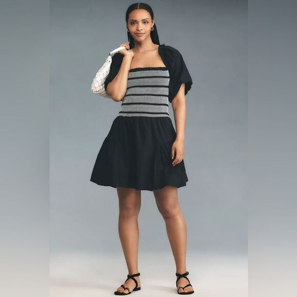 Anthropologie Puff-Sleeve Square-Neck Smocked Mini Dress Size Large - Picture 5 of 5